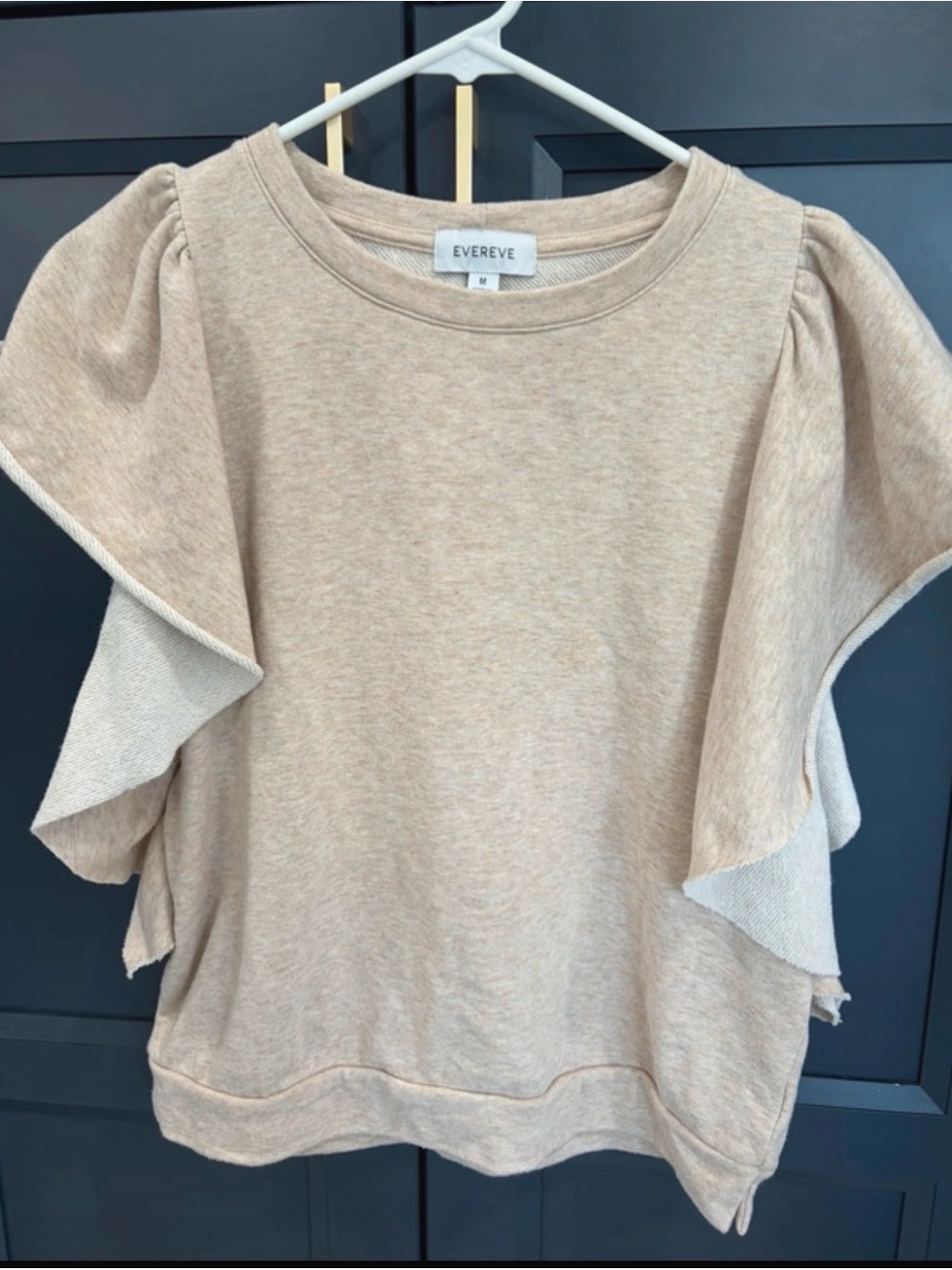 Evereve Heather Beige Terry Crew Neck pullover Ruffle Sleeve Sweatshirt.